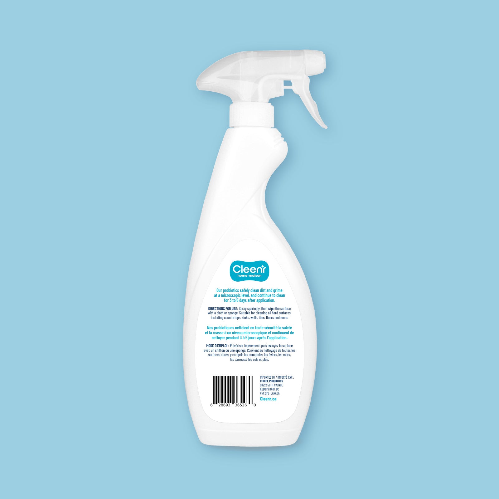 Cleenr Probiotics All-Purpose Cleaner Spray, package back.