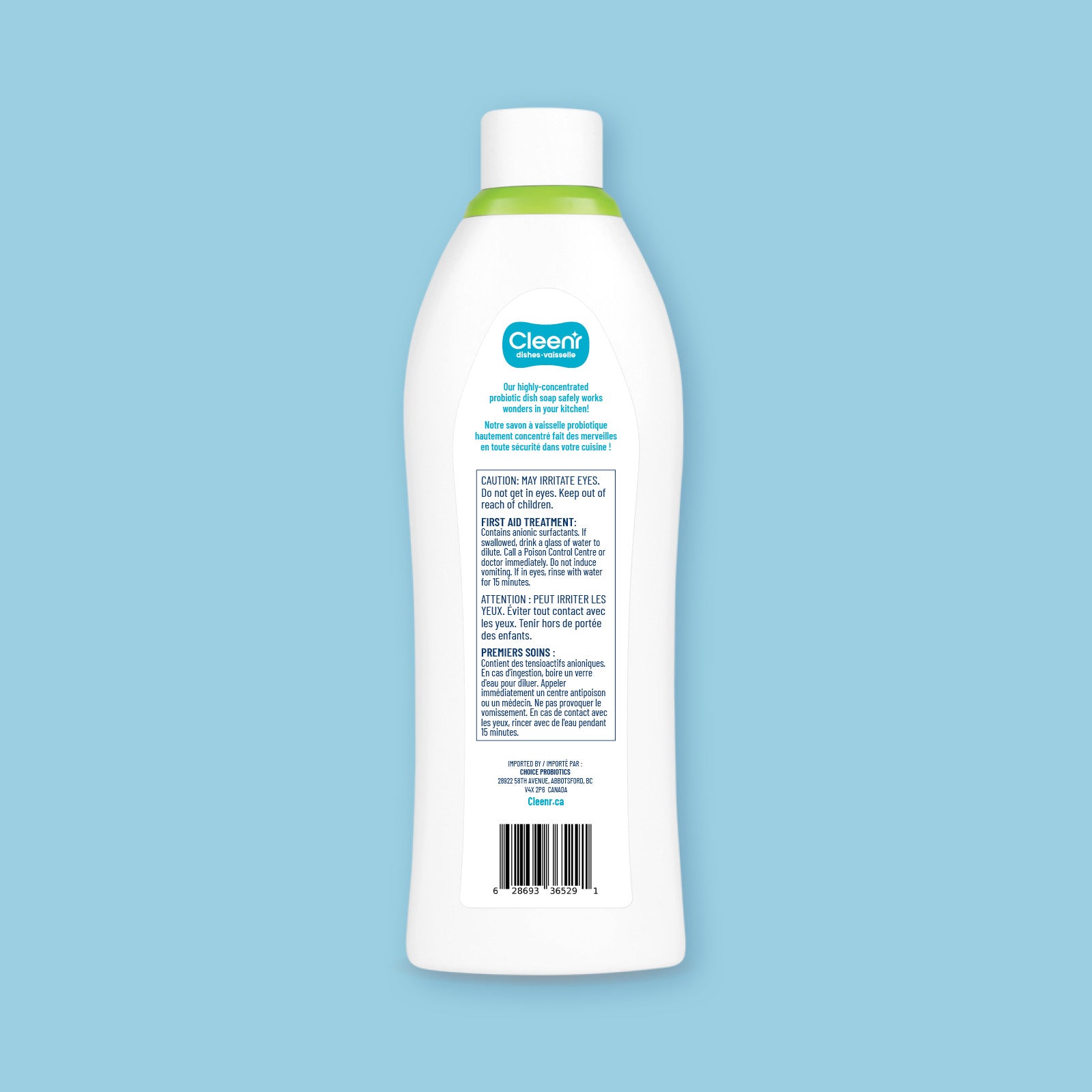 Cleenr Probiotics Dish Soap, package back.
