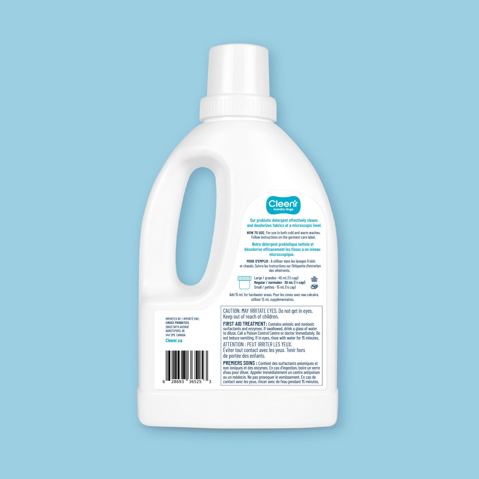 Cleenr Probiotics Laundry Detergent, package back.